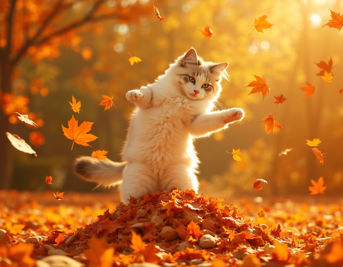 Cat jumps joyfully into a pile of autumn leaves, scattering vibrant colors and radiating playful energy.